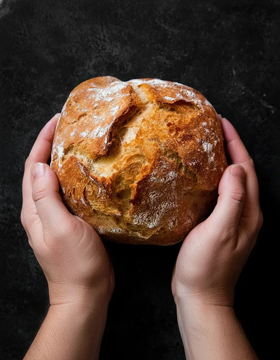 Hand holding a freshly baked, crusty bread roll with a dusting of flour on top against a dark background.