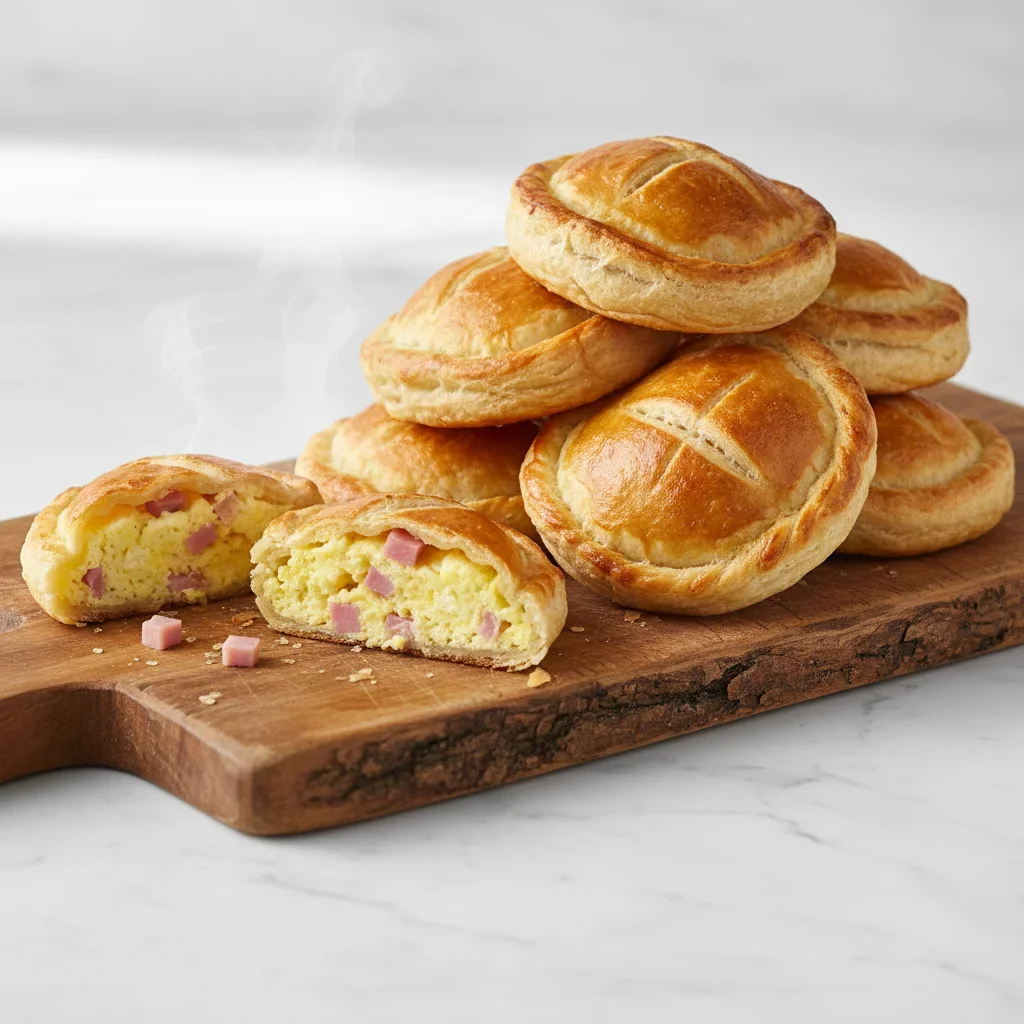 Fresh baked savory breakfast pockets filled with cheese, eggs, and optional bacon on a wooden board.