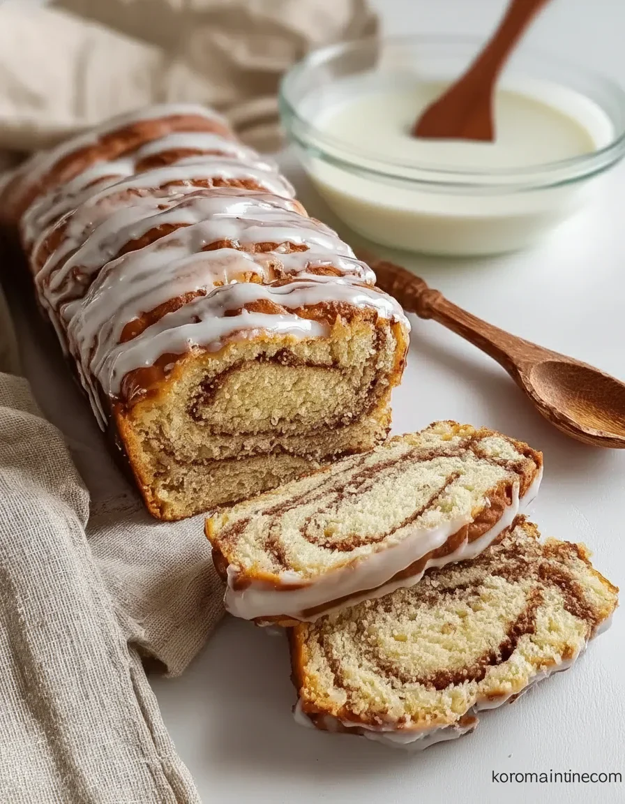 Sliced cinnamon roll cake with icing and cinnamon filling, served with a bowl of glaze and a wooden spoon.