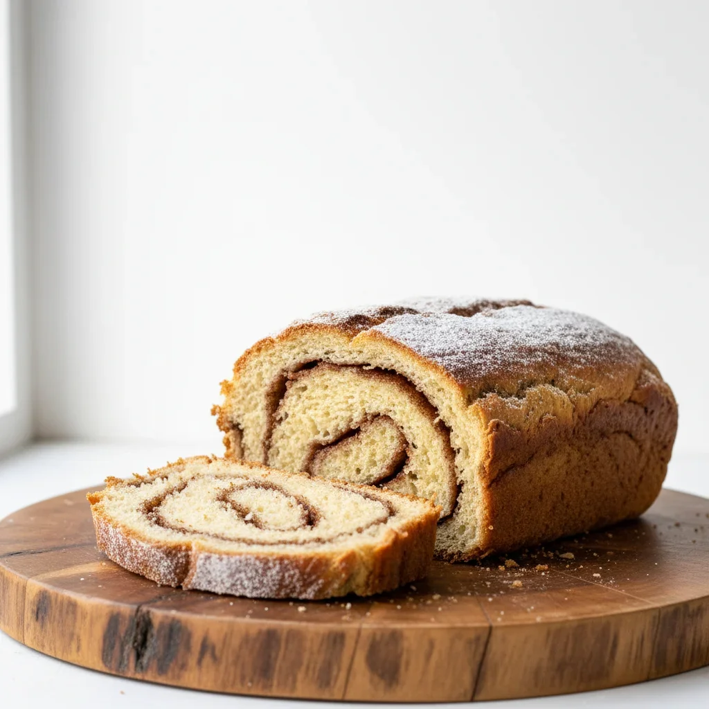 Freshly baked cinnamon swirl bread on a wooden board with a slice cut out