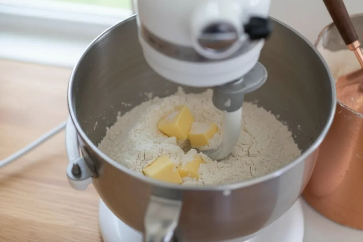 Flour and butter in a stand mixer bowl during baking preparation.