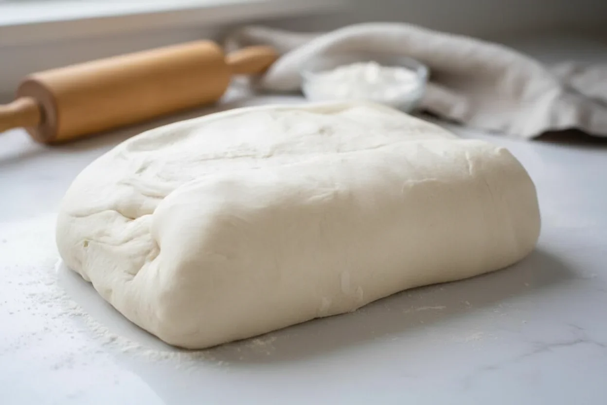 Rectangular block of raw dough on a light surface, ready for baking.