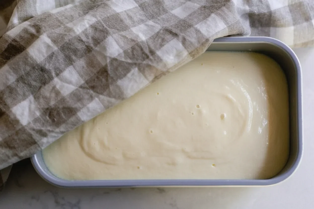 A baking dish filled with smooth batter, partially covered with a checkered cloth, ready for baking.