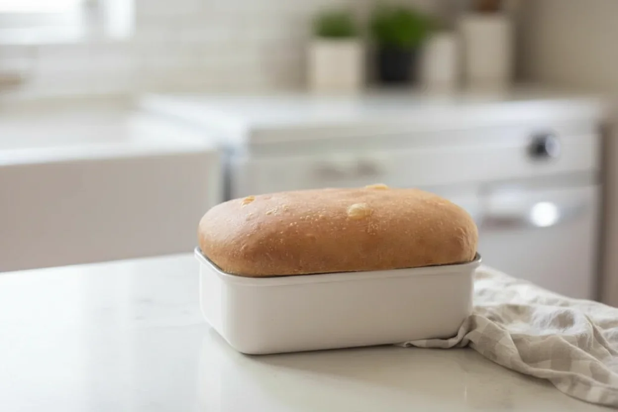 Golden-brown loaf of bread in a white ceramic dish on a light countertop with a blurred kitchen background.