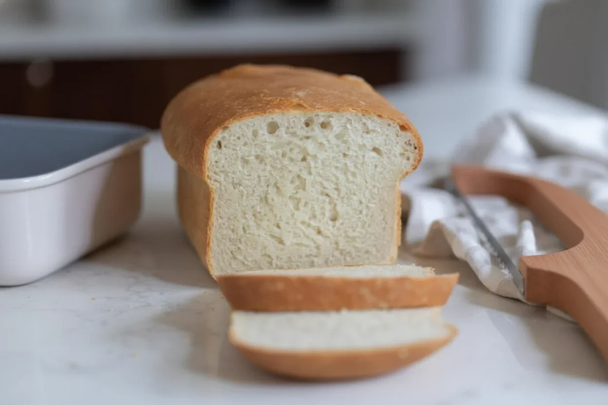 A loaf of white bread with a golden crust, partially sliced to show soft interior, on a marble surface.