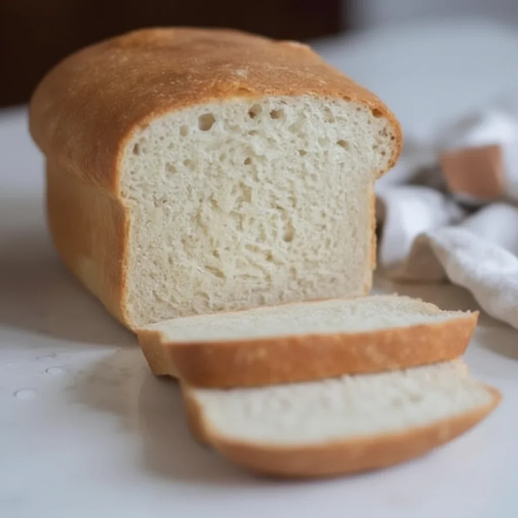 Close-up of a sliced loaf of white bread with a golden crust and soft interior.