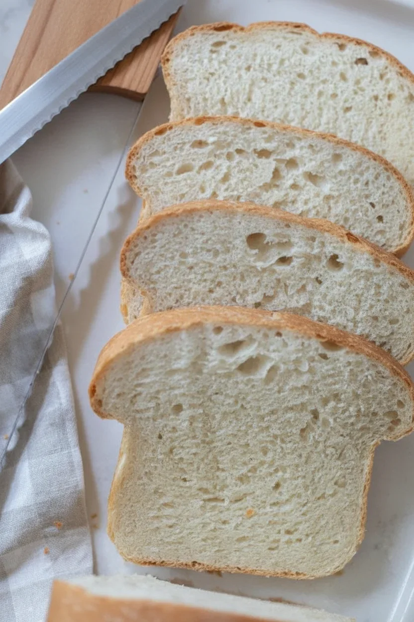Four slices of soft, white bread with a golden crust on a white surface, with a bread knife and cloth nearby.