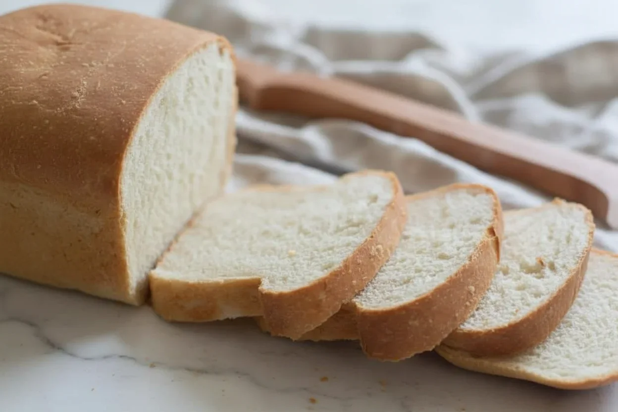 Freshly sliced loaf of bread with a golden crust and soft interior on a white surface.