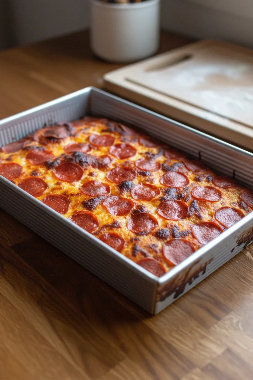 Rectangular metal baking dish filled with a freshly baked pepperoni pizza with melted cheese and crispy edges.