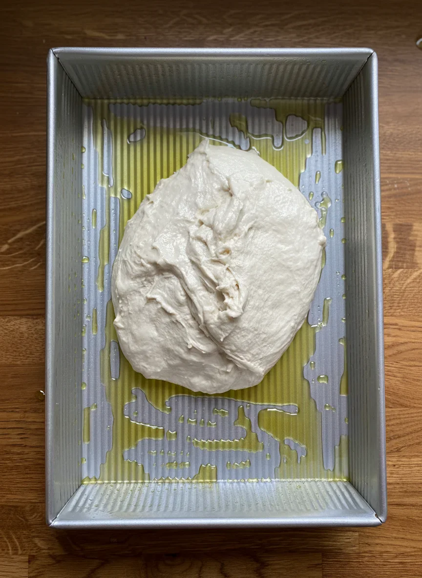 Unbaked dough in a metal baking pan with oil, ready for baking.