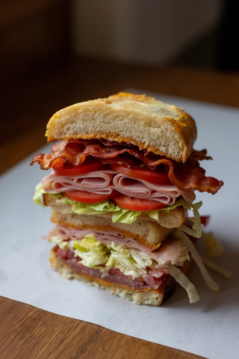 Close-up of a layered sandwich with toasted bread, ham, bacon, lettuce, and tomato on parchment paper.