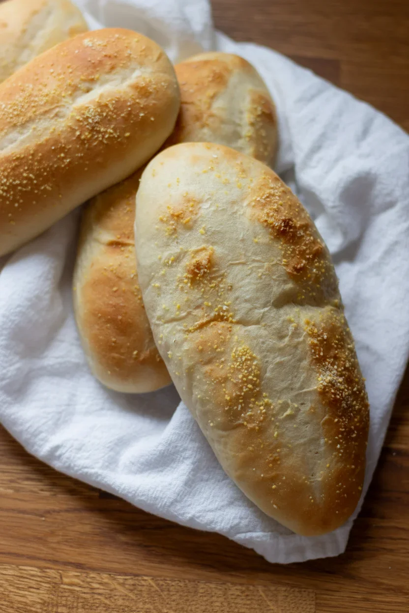 Close-up of golden-brown bread rolls sprinkled with cornmeal on a white cloth over a wooden surface.
