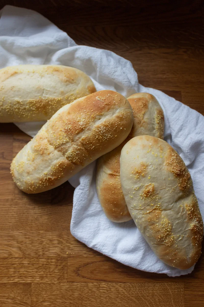 A group of golden-brown bread rolls on a white cloth, placed on a wooden surface.