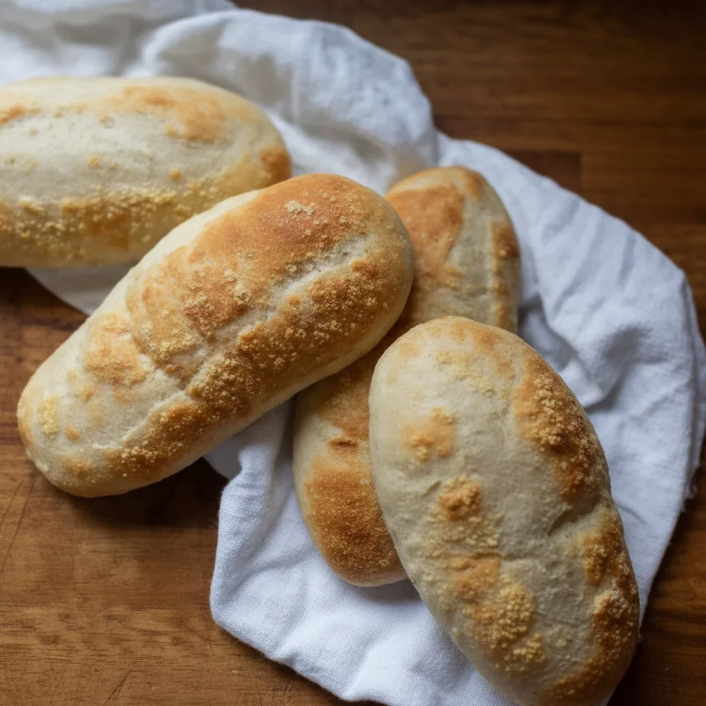 Four golden-brown bread rolls on a white cloth napkin against a dark wooden background.