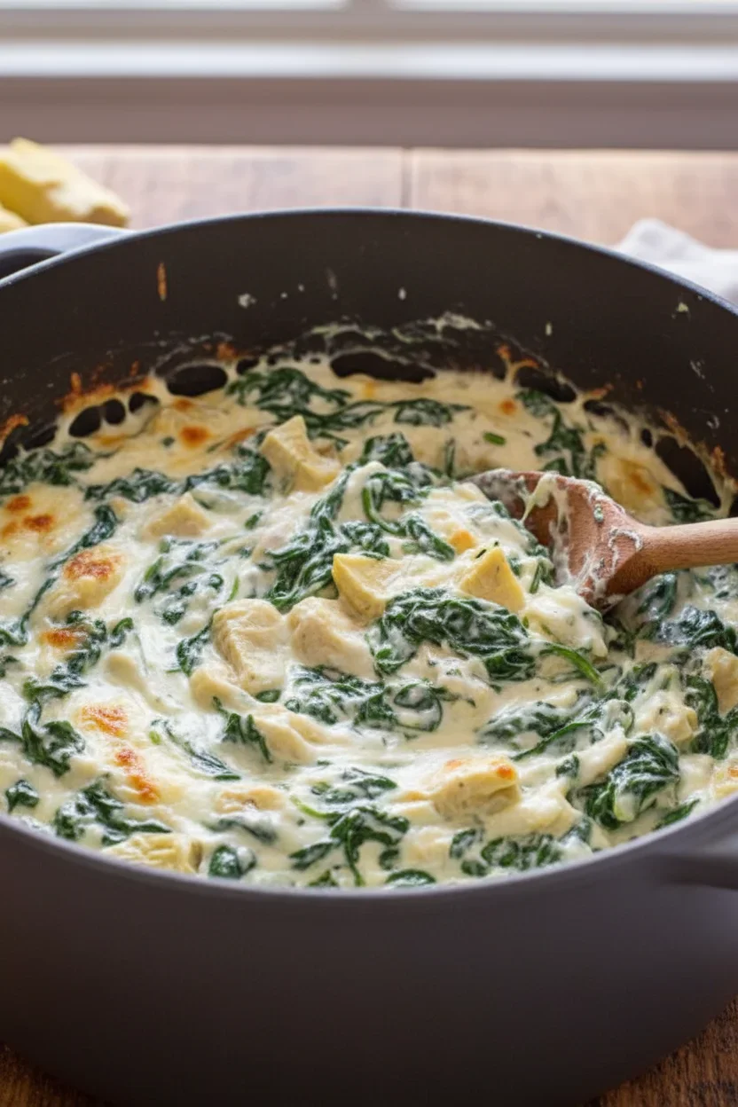 Creamy herb mixture with green herbs in a dark cooking pot, ready for cooking or serving.