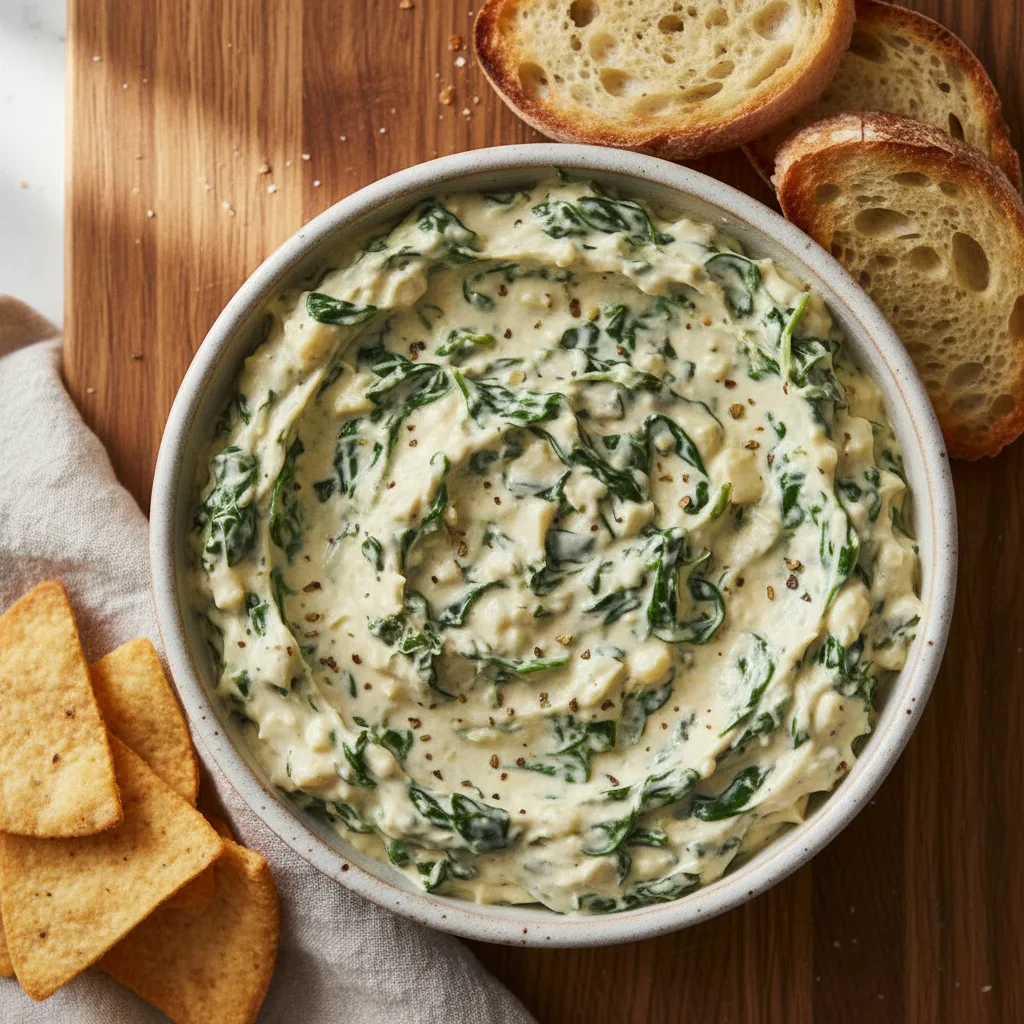 Creamy spinach dip with chopped spinach leaves in a white bowl, with bread slices in the background.