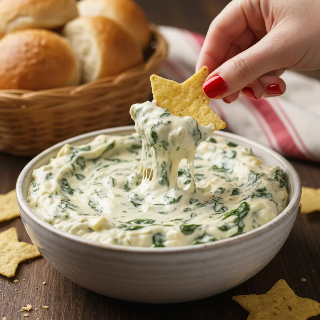 Close-up of spinach dip with a star-shaped cracker being dipped into it, with bread in the background.