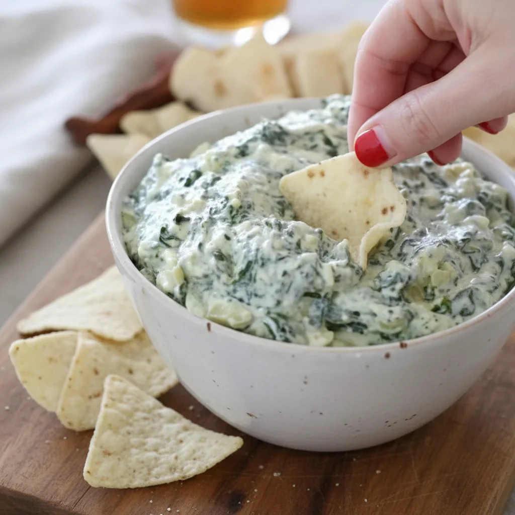 Close-up of a green herb dip in a white bowl with a hand dipping a cracker.