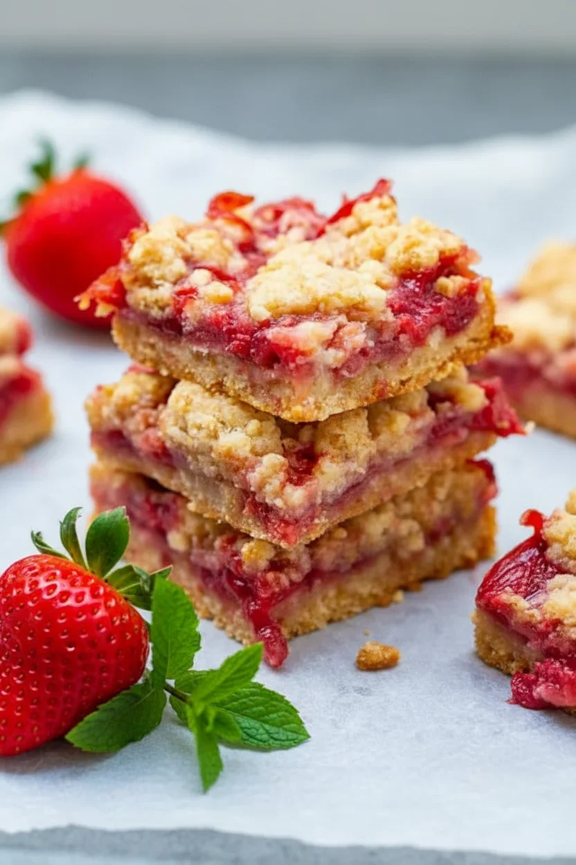strawberrybars-5.jpg Two stacked strawberry crumble bars with a crumbly topping and bright red strawberry filling on a light background with fresh strawberries.