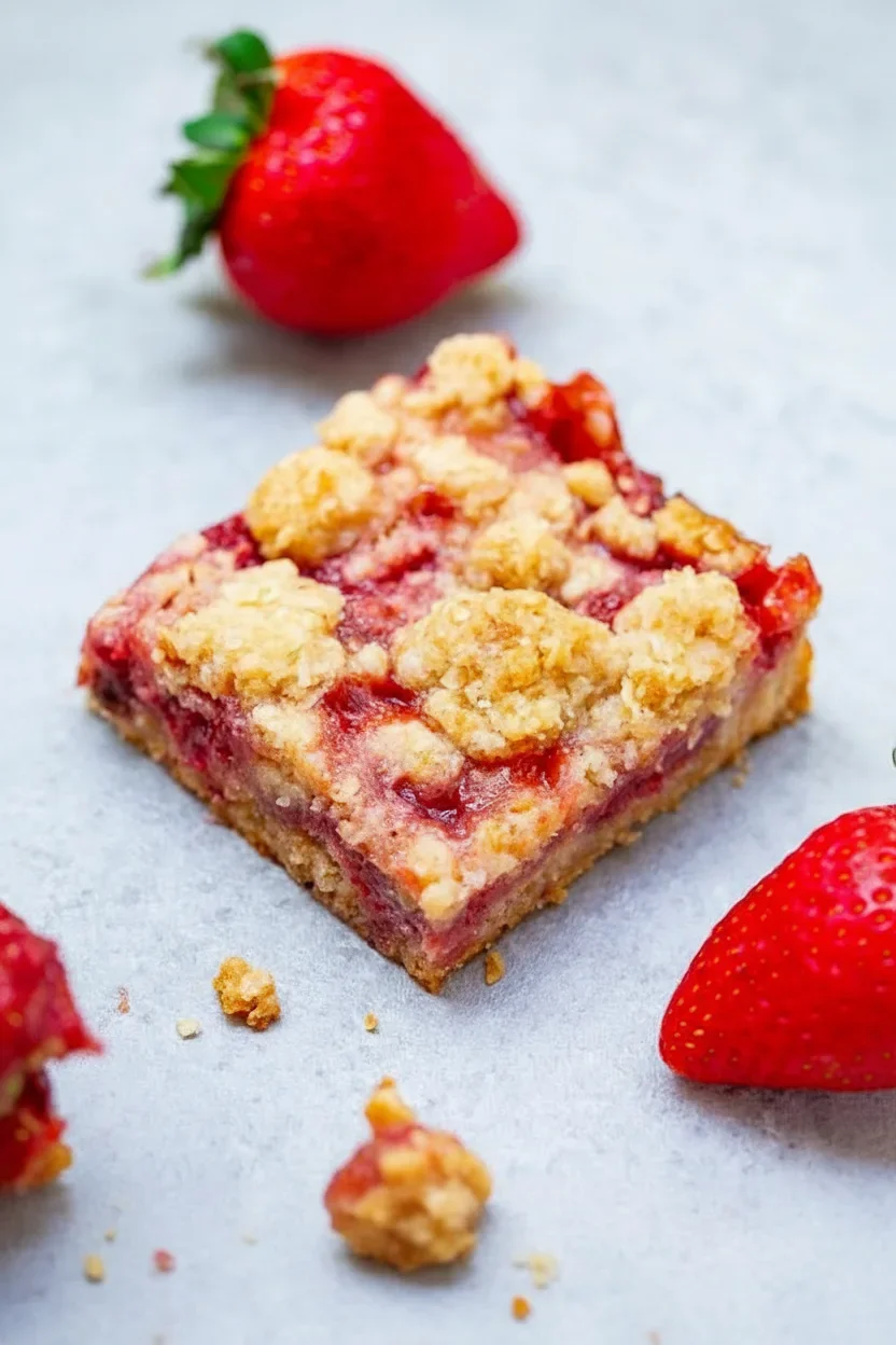 strawberrybars-7.jpg Close-up of a strawberry crumble bar with golden topping and red filling, with whole strawberries in the background.