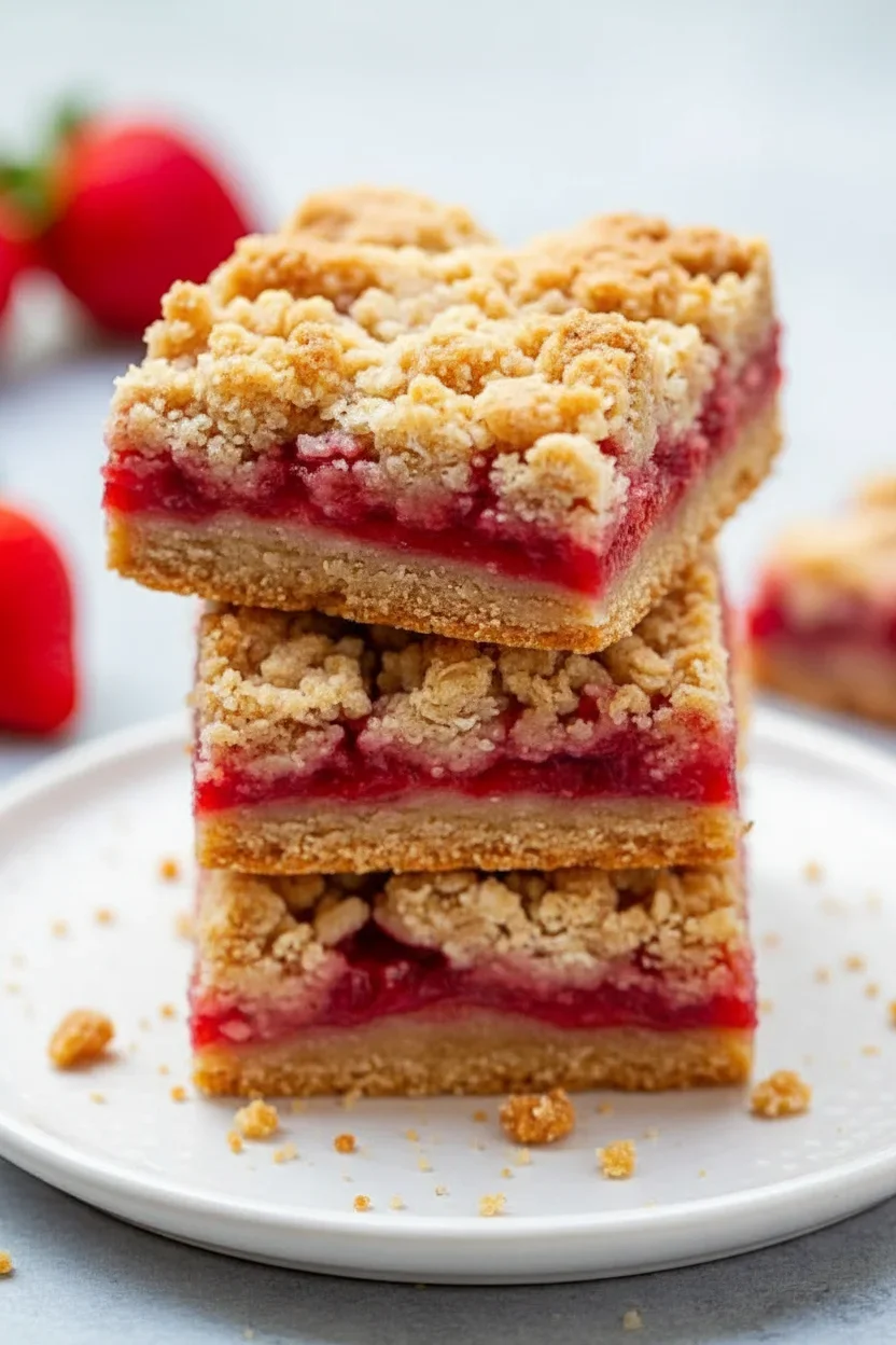 strawberrybars-8.jpg Stacked strawberry crumble bars with crumbly topping and bright red filling on a white surface.