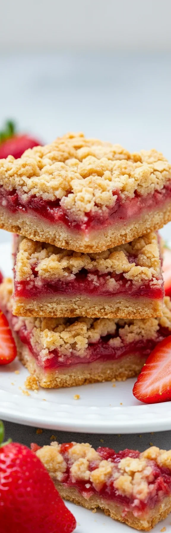 strawberrybarscollagereduced.jpg Stacked strawberry oatmeal crumble bars with a crumbly topping and visible strawberry filling, on a white surface with strawberries in the background.