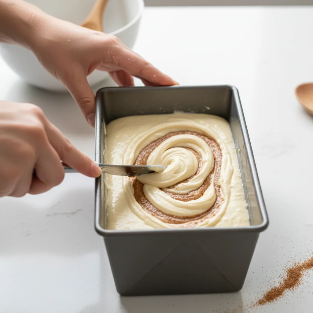 Close-up of hands swirling cinnamon sugar batter in loaf pan making an S pattern