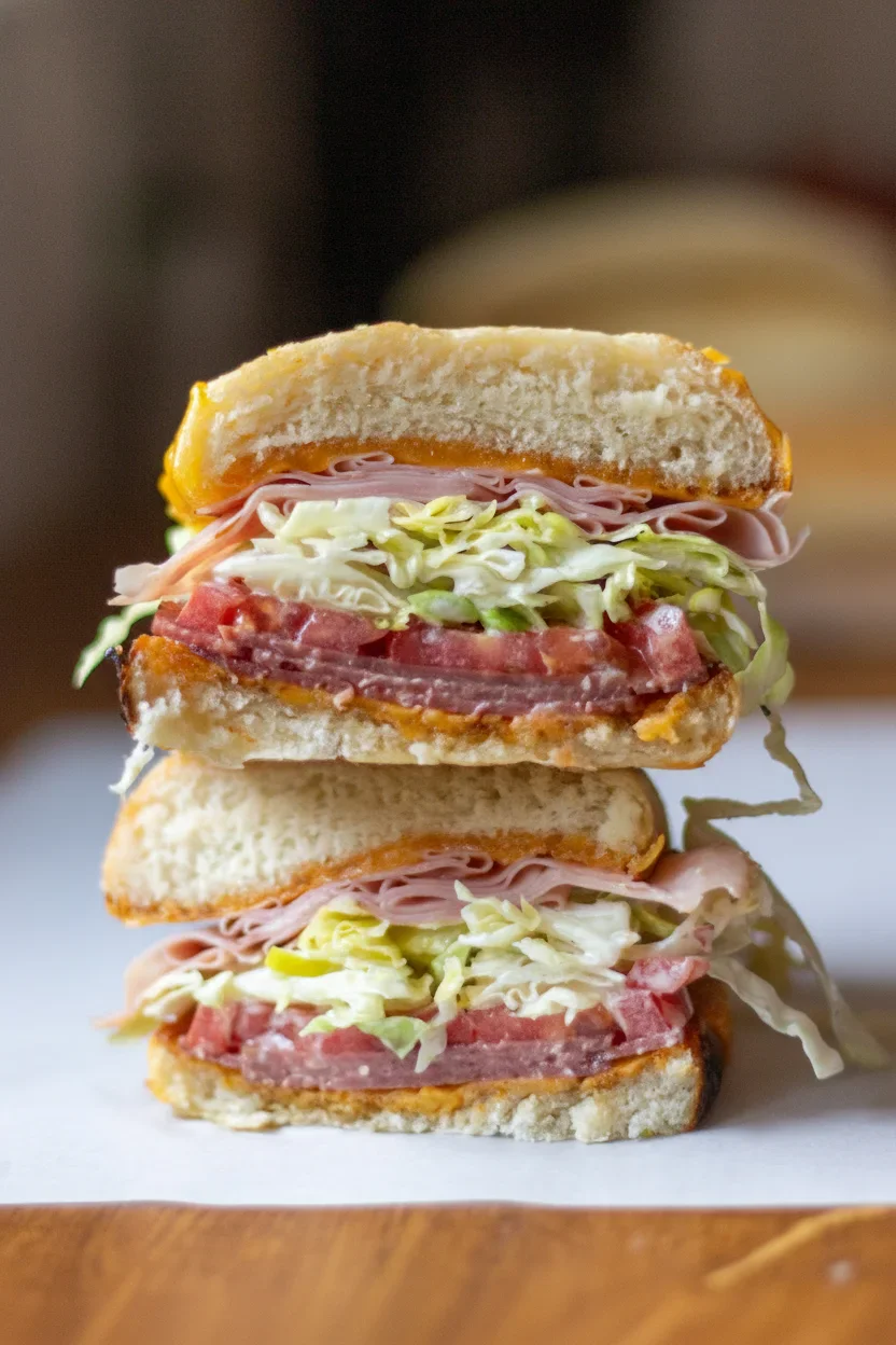 Close-up of a stacked sandwich with bread, ham, lettuce, and tomato, showing fresh ingredients and textures.