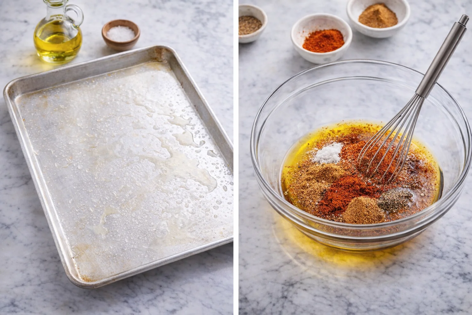 step-process-placeholder-1-2.png Baking sheet lightly oiled beside a small bowl of whisked olive oil and spices.