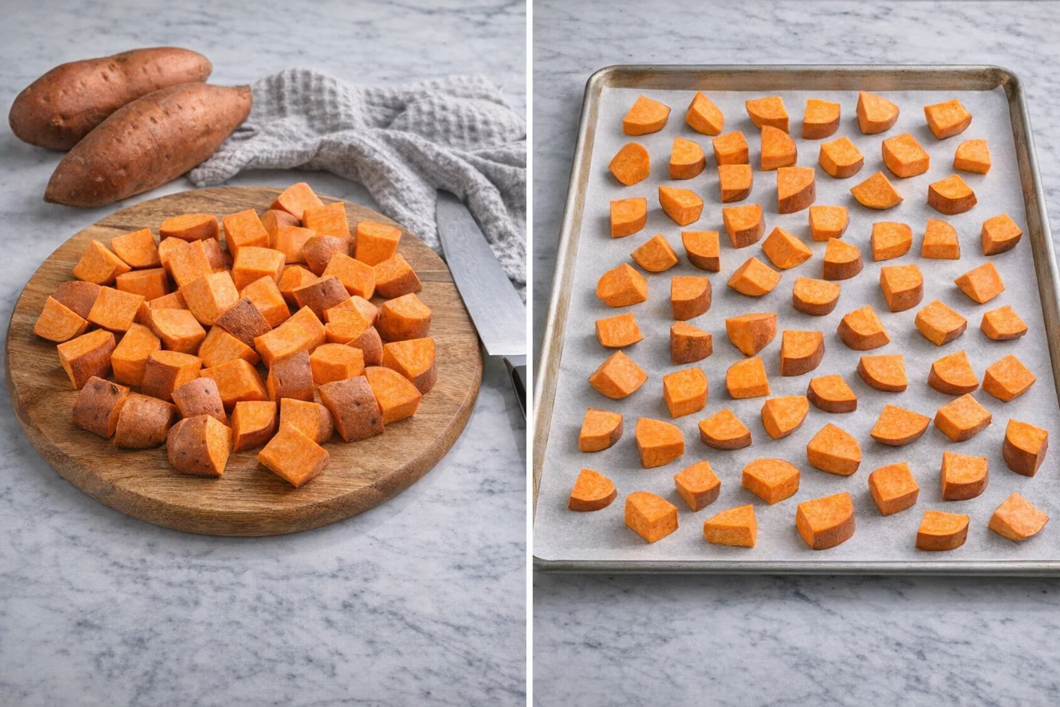 step-process-placeholder-3-4.png Uniform 2-inch sweet potato chunks arranged in a single layer on oiled baking sheet.