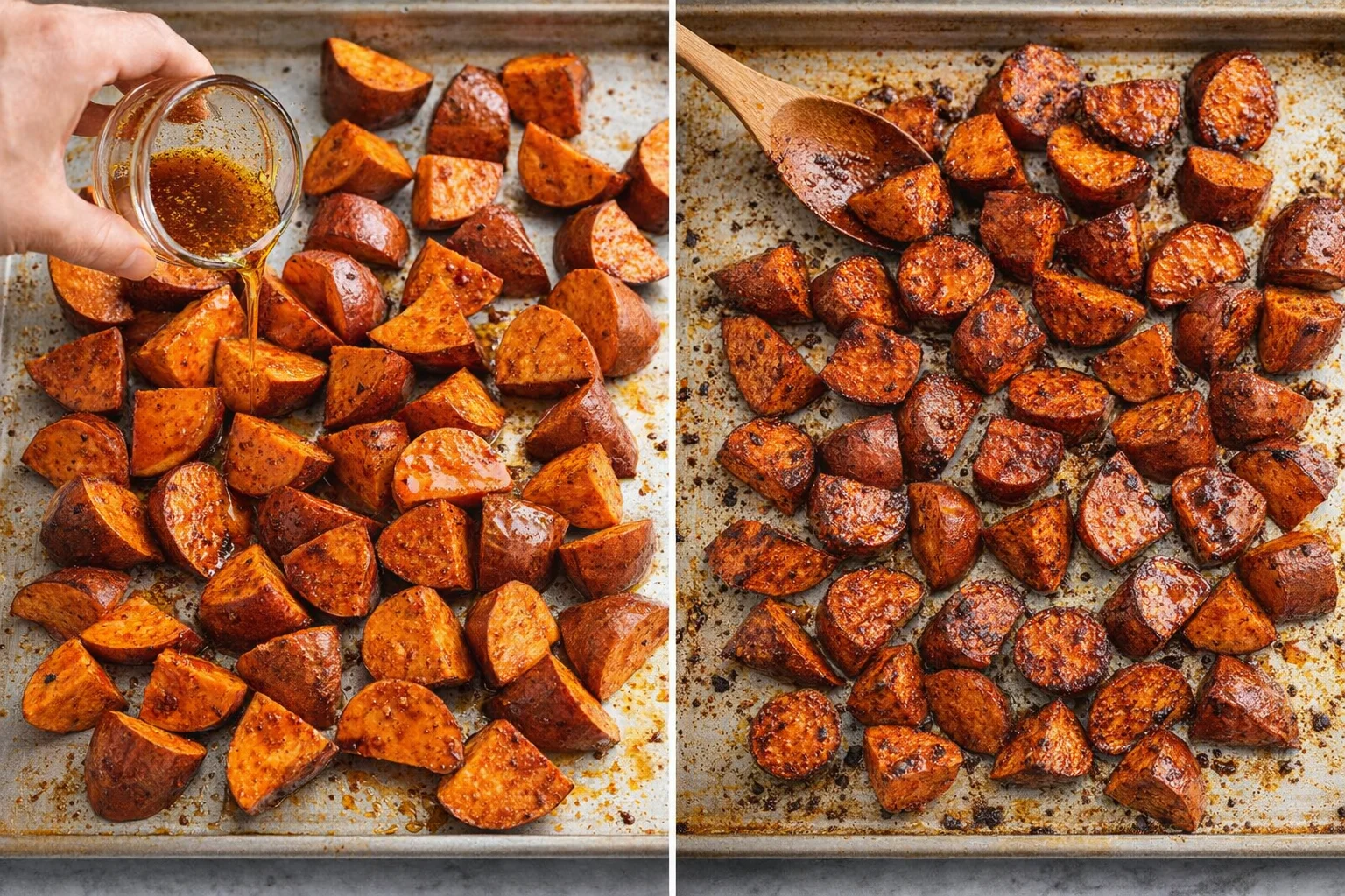 step-process-placeholder-5-6.png Golden-brown sweet potato chunks coated in spice oil, some caramelized edges visible on sheet.