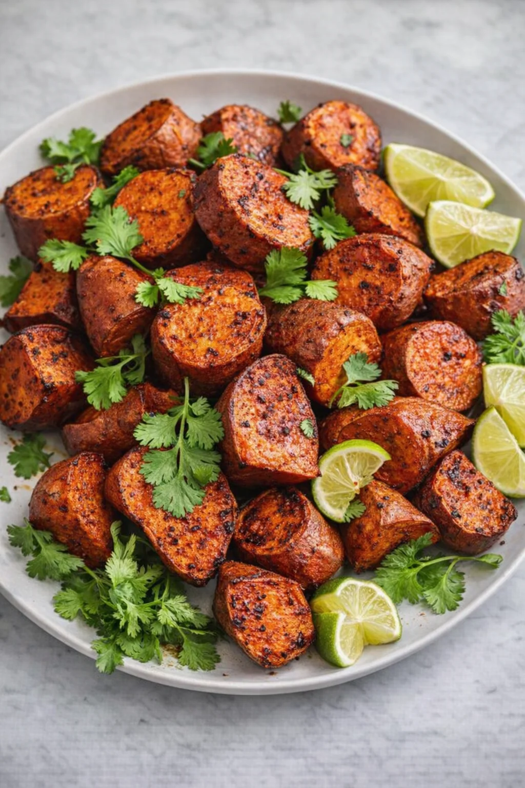 step-process-placeholder-7-7.png Roasted sweet potatoes on sheet sprinkled with cilantro, lime wedges arranged nearby.