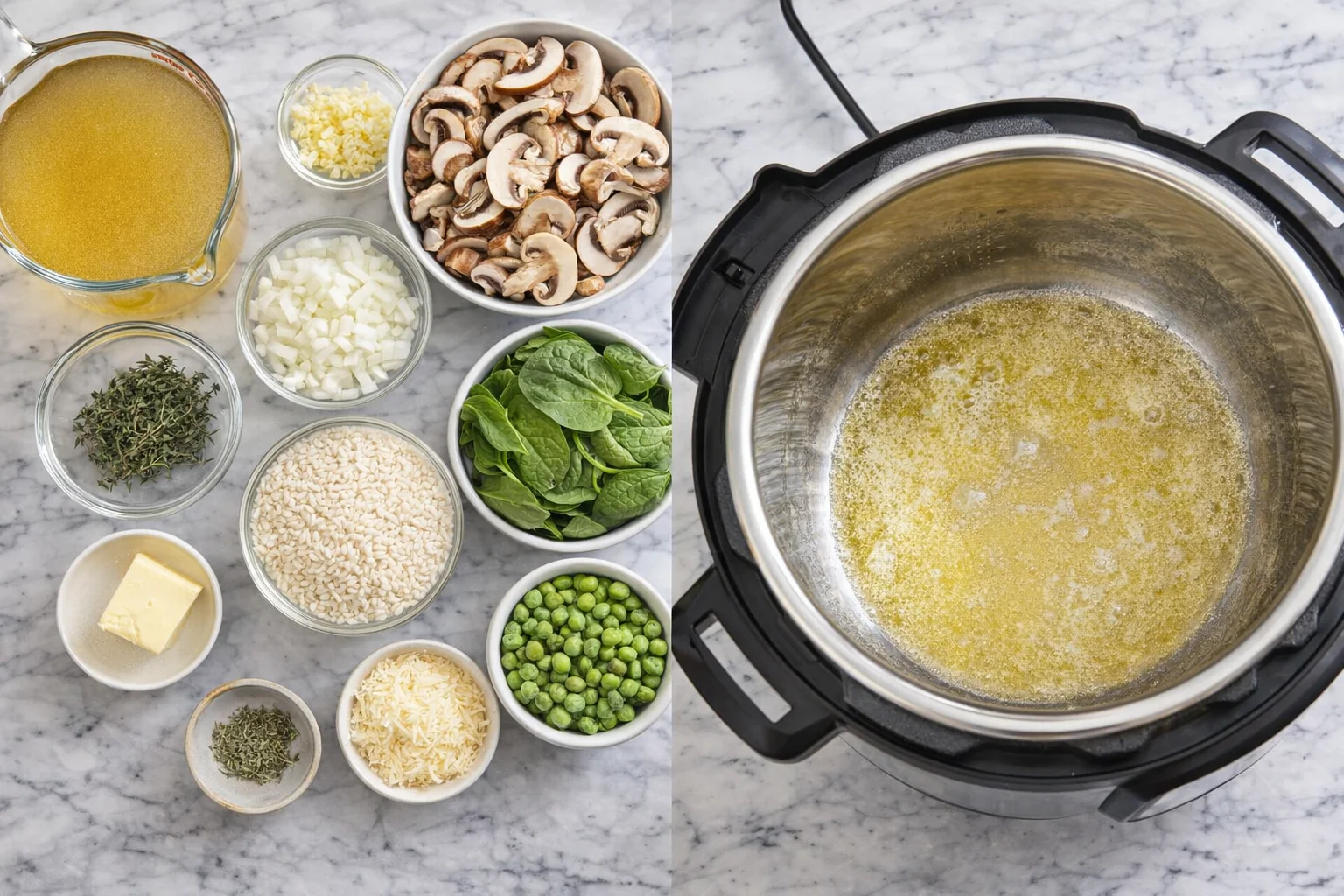 step-process-placeholder-1-2.png Several measured ingredients on counter and Instant Pot sizzling with melted butter inside.