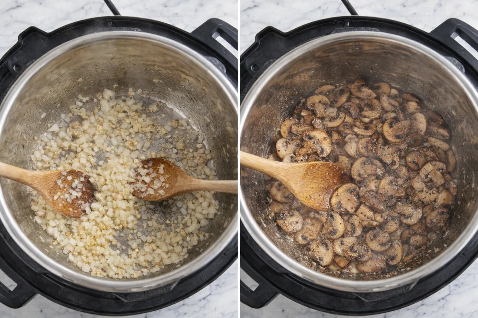 step-process-placeholder-3-4.png Onions and garlic sautéing in pot, sliced mushrooms added releasing brown juices.