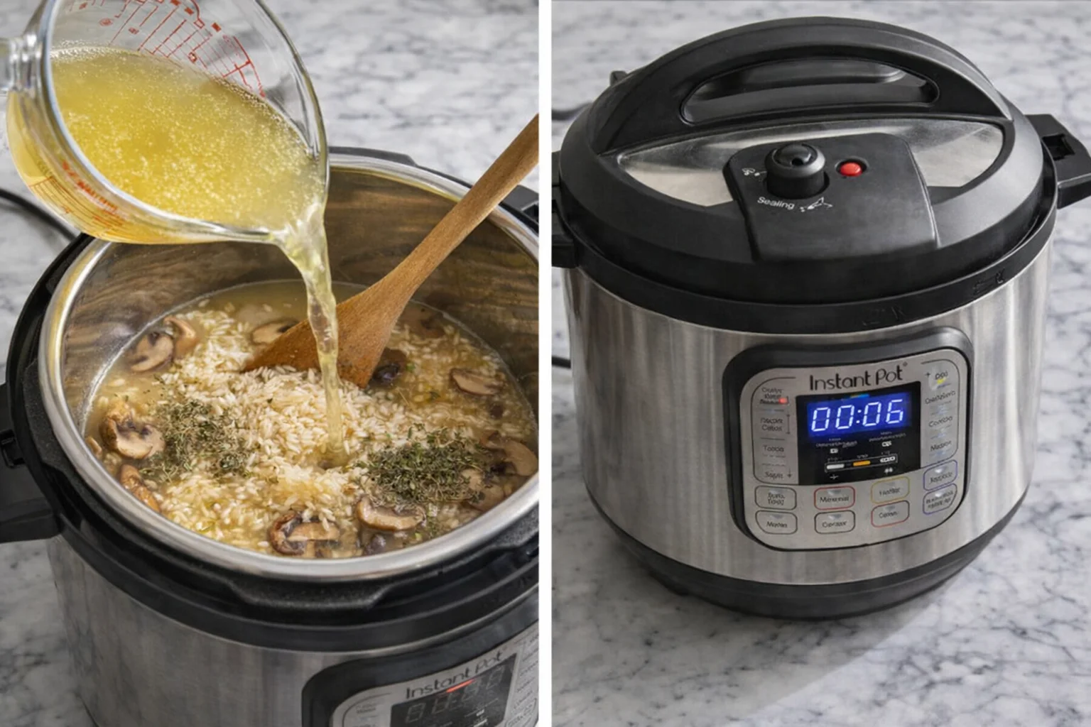 step-process-placeholder-5-6.png Broth being poured over arborio rice and thyme in the Instant Pot before sealing.