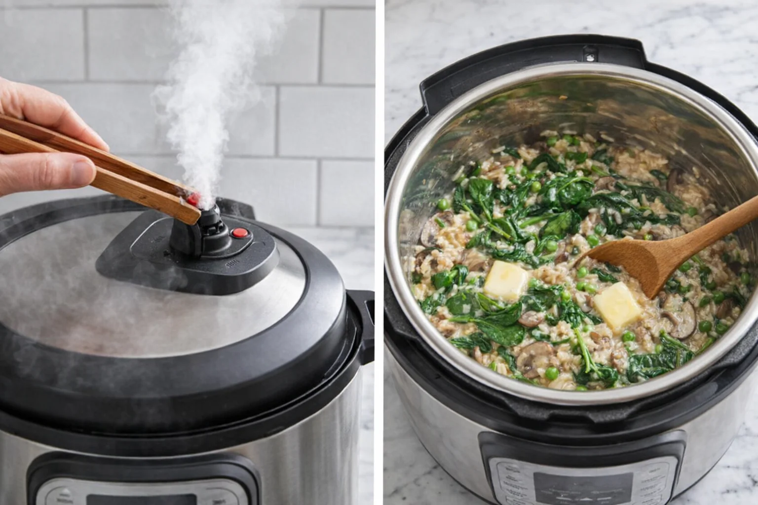 step-process-placeholder-7-8.png Steam venting as valve is flipped, then spinach and butter stirred into hot risotto.