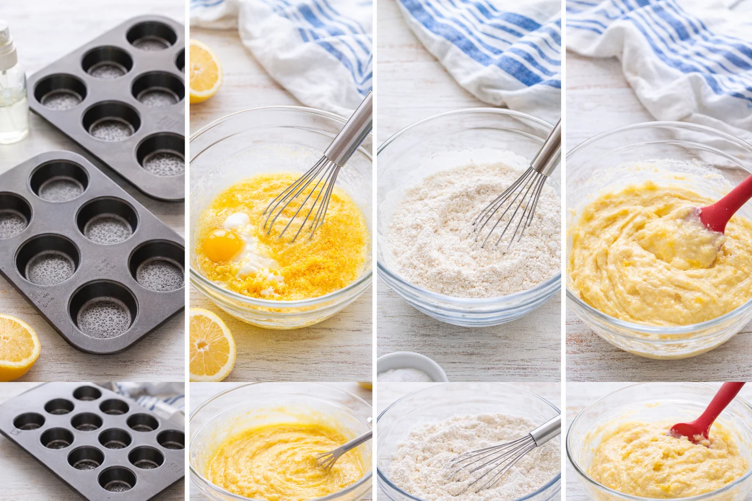 Donut and mini-muffin pans beside bowls: whisked lemon wet ingredients and dry flour, spatula folding.