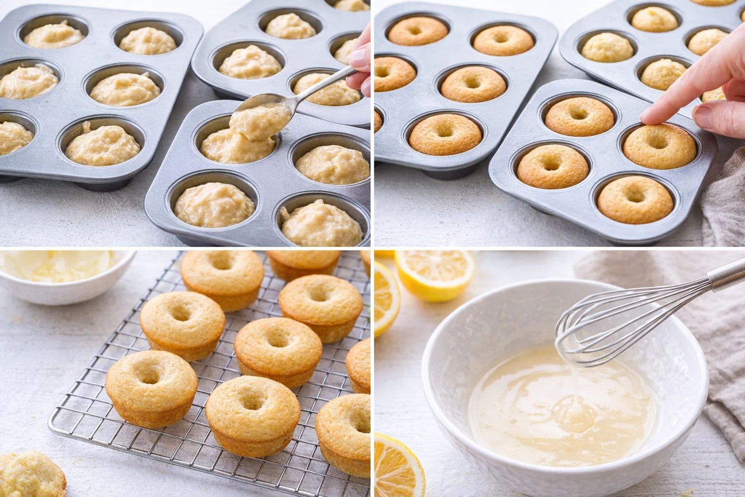 Batter being spooned into greased donut cavities, baked donuts cooling, small bowl whisking lemon glaze.