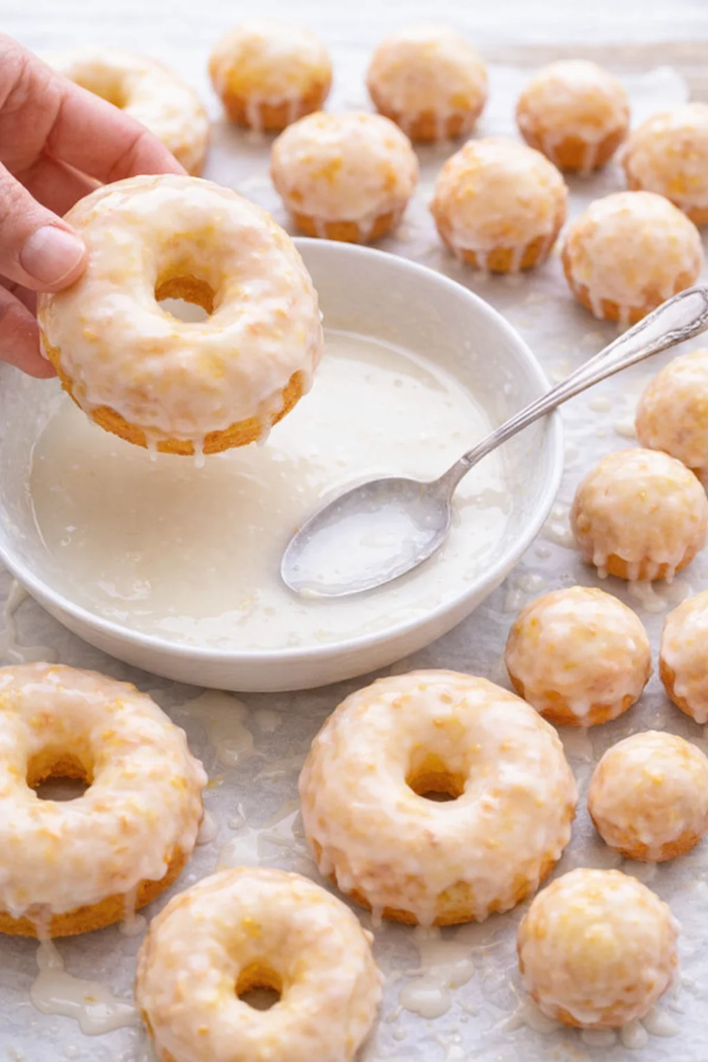 Donut tops being dipped into glossy lemon glaze and placed on rack to set.
