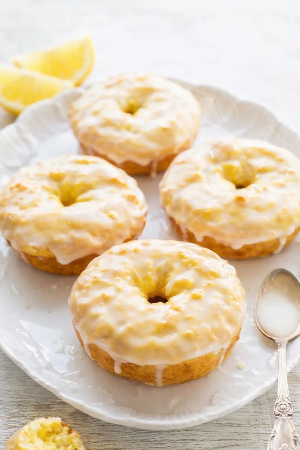 Final plated Baked Lemon Donuts with Lemon Glaze served as a hero shot