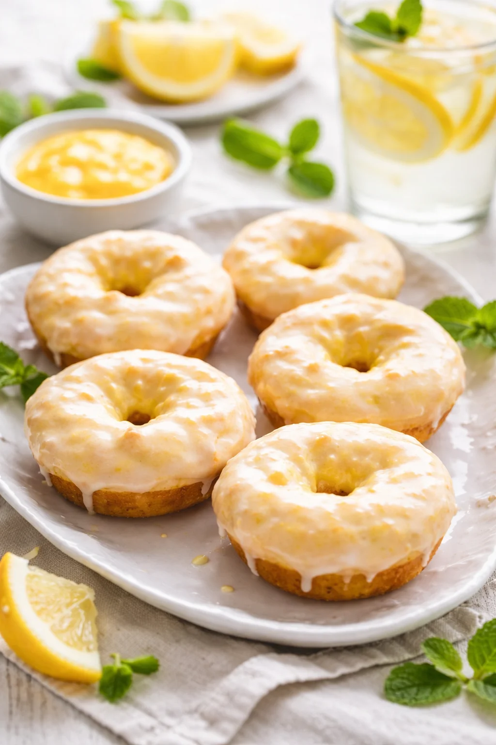 Alternative angle of Baked Lemon Donuts with Lemon Glaze served with a pairing