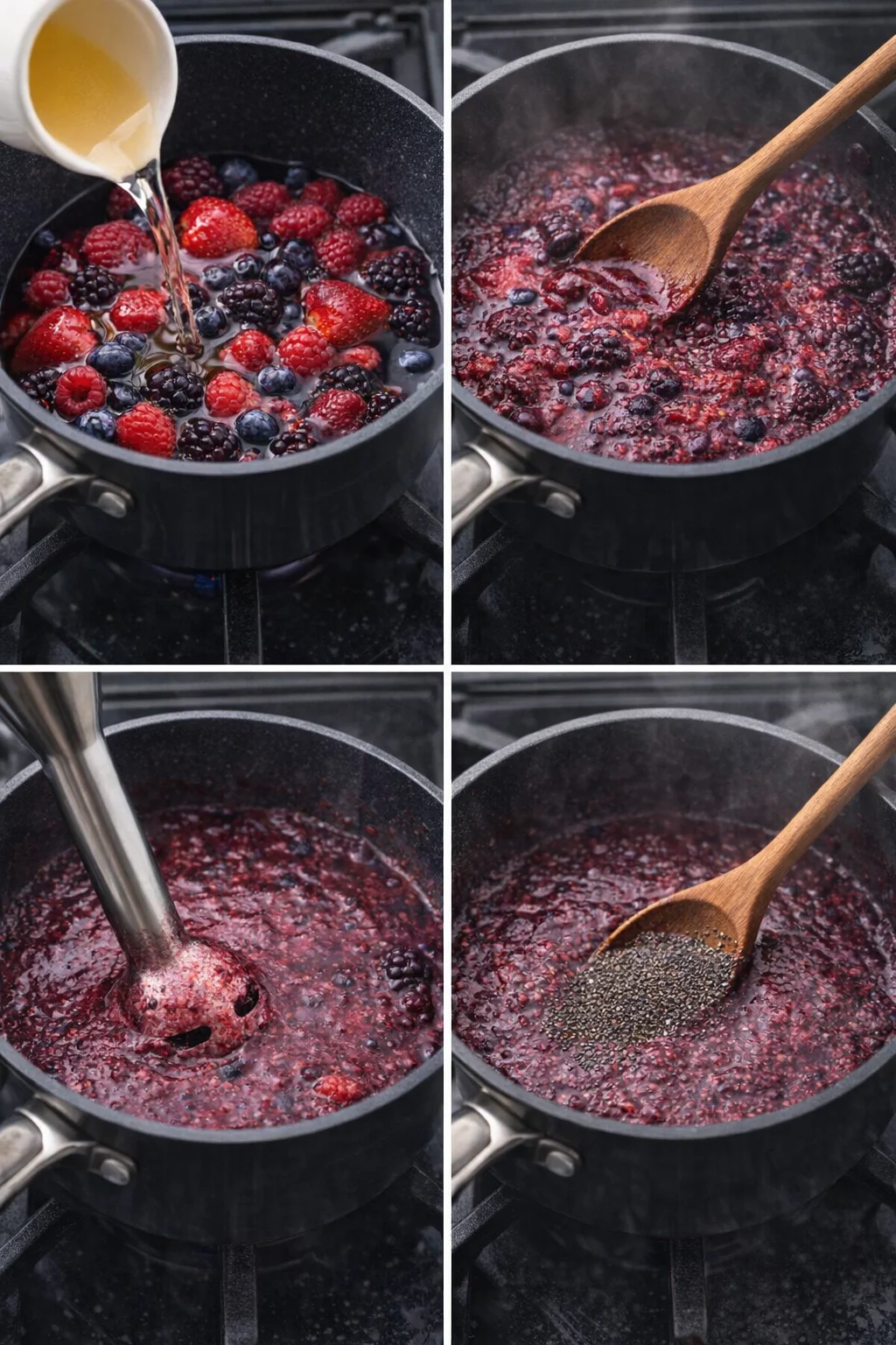 Berries simmering in a saucepan being mashed with a spoon, chia seeds being stirred in.