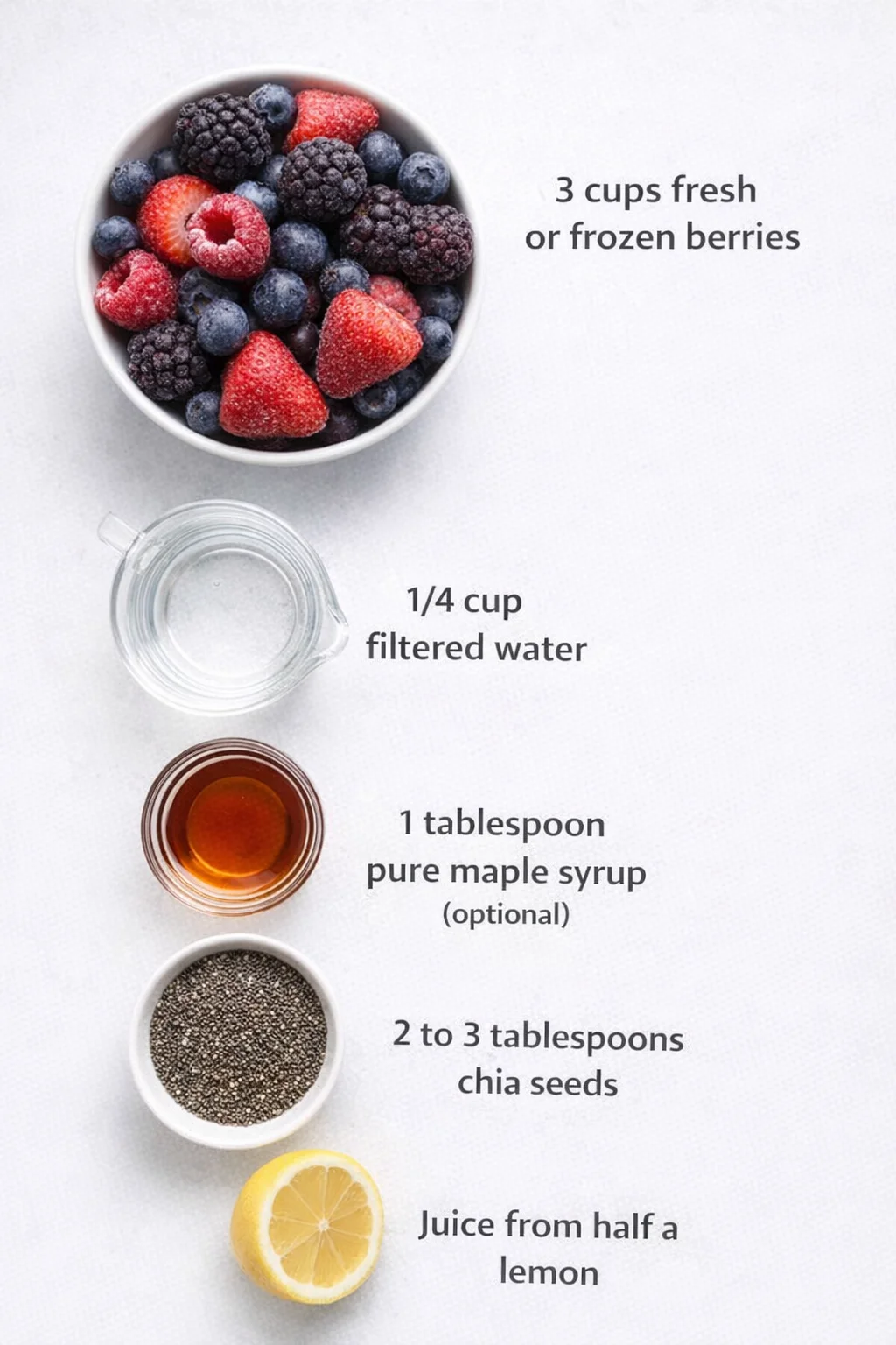 Measured ingredients arranged for How to Make Chia Seed Jam (Healthy & Easy!): 3 cups fresh or frozen berries of your choice, 1/4 cup filtered water, 1 tablespoon pure maple syrup (optional; add more or less to suit your
