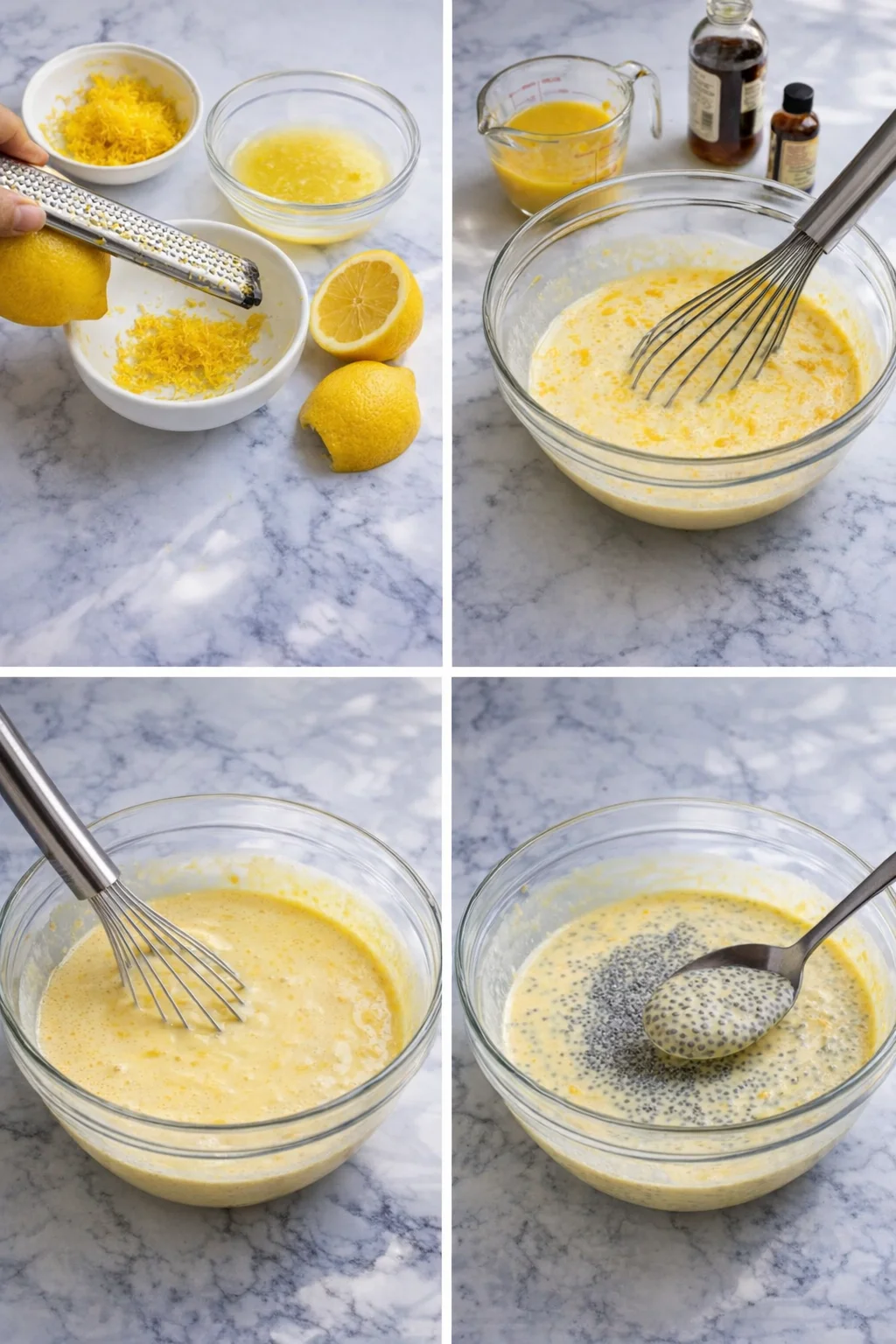 Microplane zesting lemon over bowl, whisk mixing coconut milk, lemon, syrup, then chia seeds added.