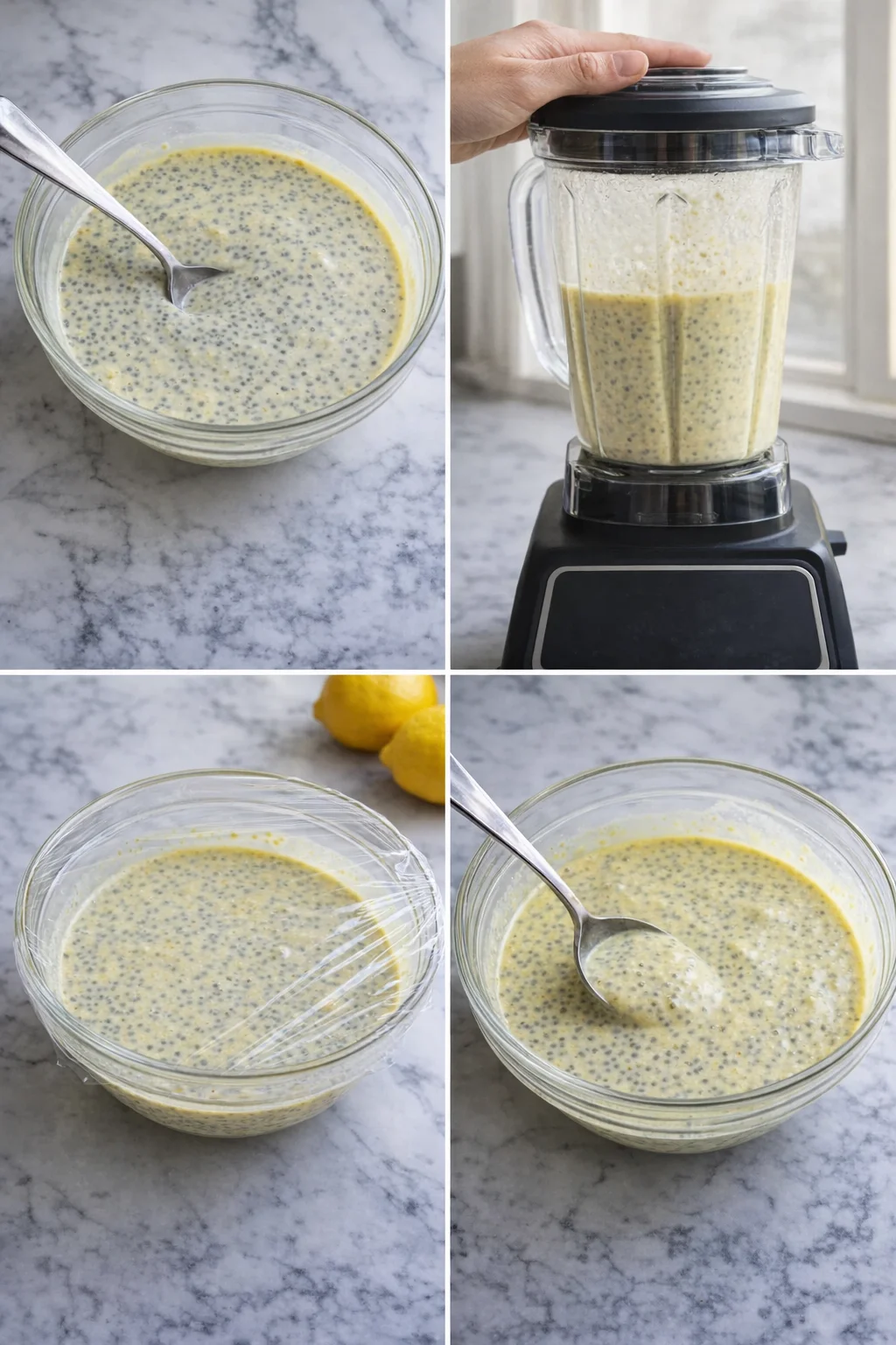 Pudding jars being stirred after settling, blender nearby, then covered and refrigerated to thicken.