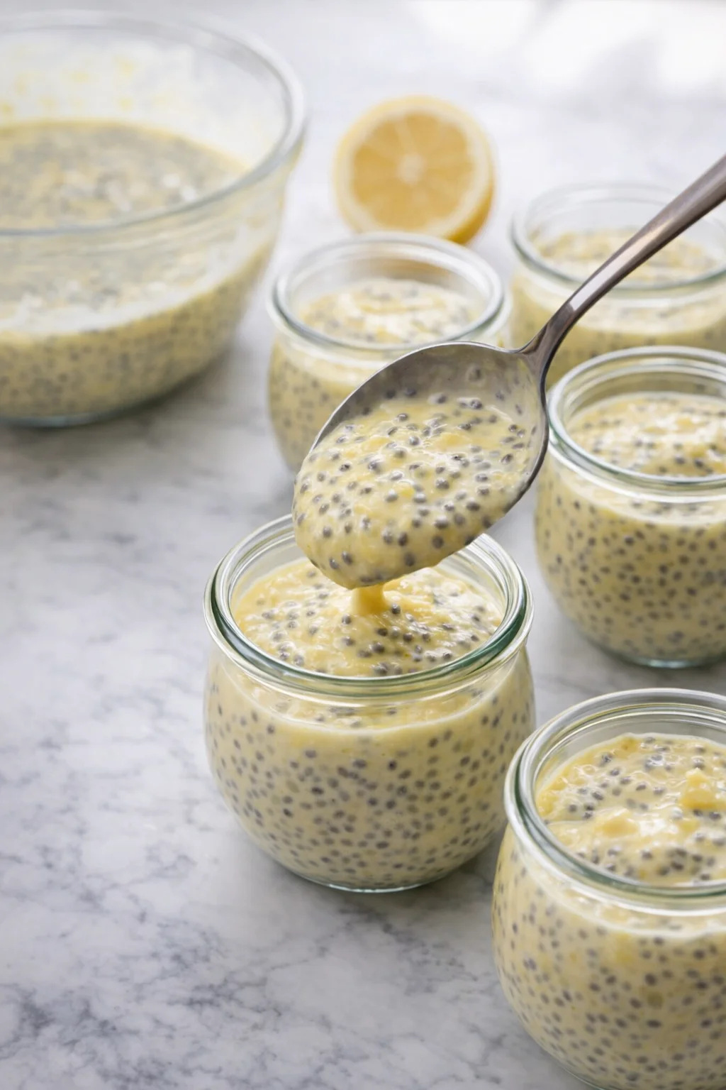 Spoon transferring creamy lemon chia pudding into glass jars ready for serving.