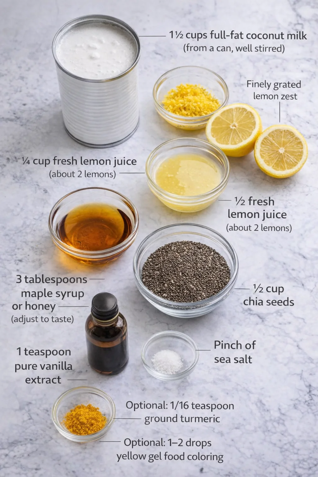 Measured ingredients arranged for Lemon Cream Chia Pudding: Refreshing & Healthy Chia Seed Dessert: 1 ½ cups full-fat coconut milk (from a can, well stirred), ¼ cup fresh lemon juice (about 2 lemons), 1 tablespoon finely
