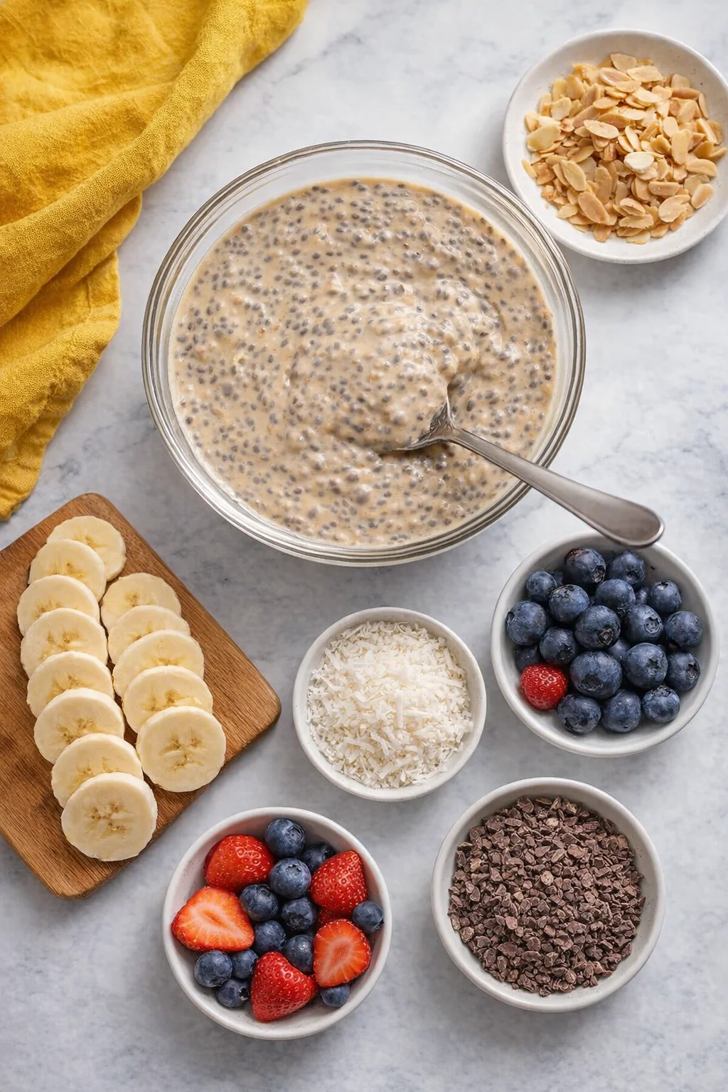 step-process-placeholder-5-8.png Pudding jar being stirred while chilling, with sliced banana and toasted almond flakes arranged nearby.