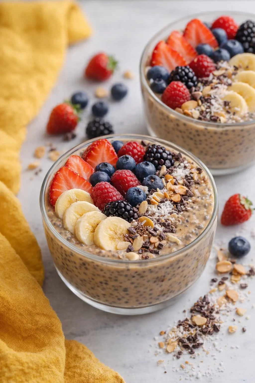 step-process-placeholder-9-11.png Spoon scooping thick pudding into a glass, banana slices, berries, coconut, and cacao nibs layered on top.