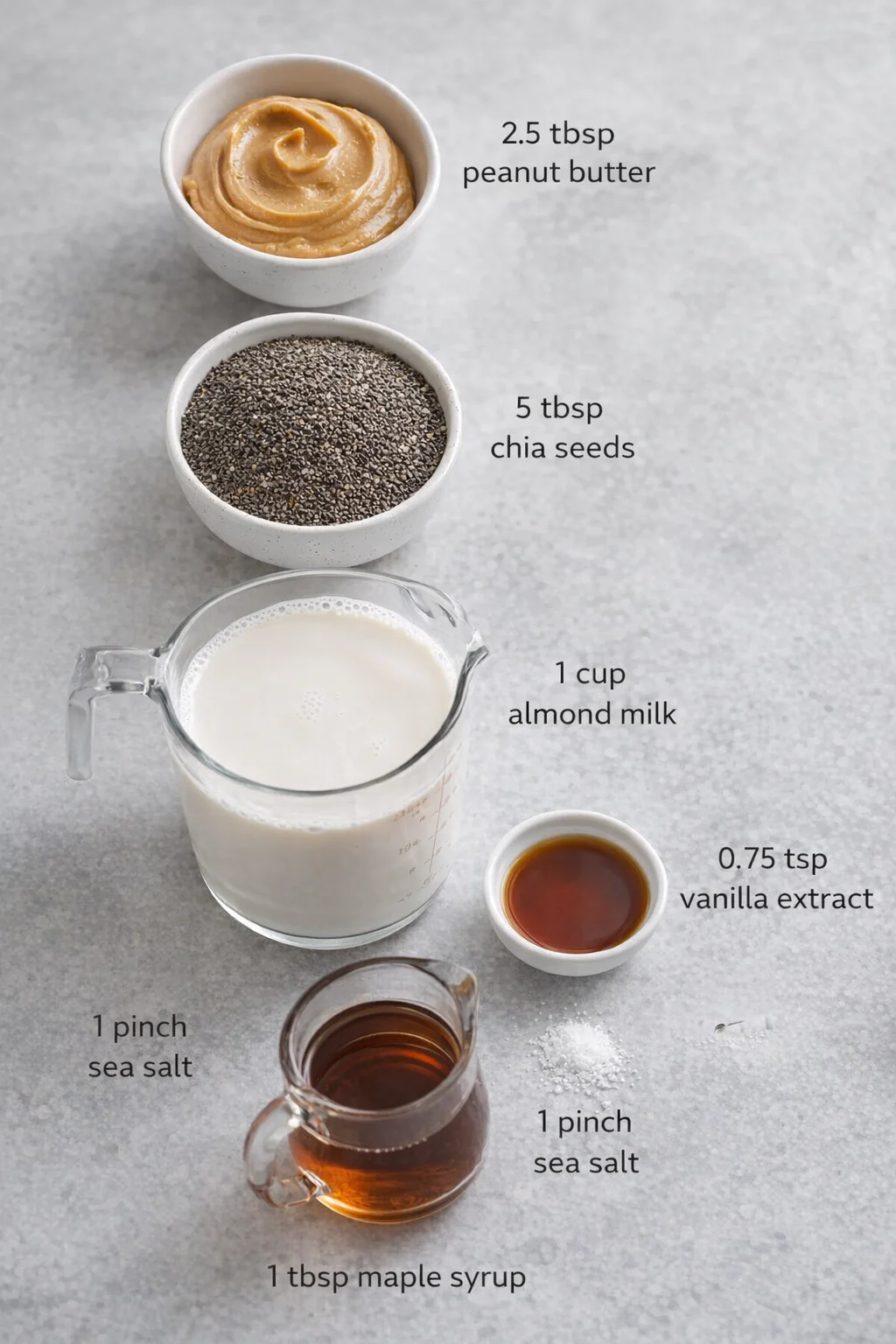 ingredients-placeholder.png Measured ingredients arranged for Classic Peanut Butter Chia Seed Pudding: 2.5 tbsp peanut butter (I love using Jif Creamy for its silky smooth texture), 5 tbsp chia seeds (I go for BetterBody Foods organic black chia se